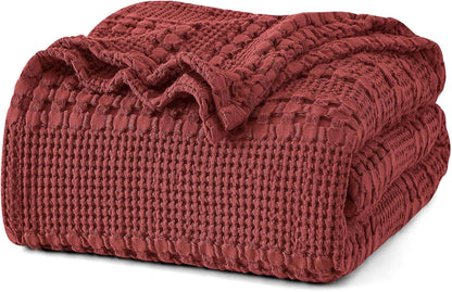 PHF 100% Cotton Waffle Weave Blanket Queen Size, Soft Lightweight Breathable Cozy Summer Blankets for Bed, Luxury Aesthetic Woven Bedding for Home Decor, 90"x90", Wine Red