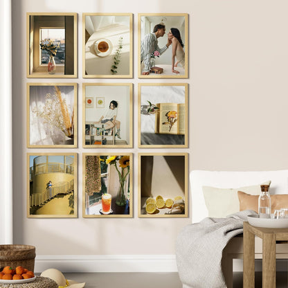 Vittanly 12x16 Picture Frames Set of 9, Shatter Resistant Plexiglass, Display 11x14 Pictures with Mat or 12x16 without Mat, Photo Frames for Wall Mount, Engineered Wood, OAK