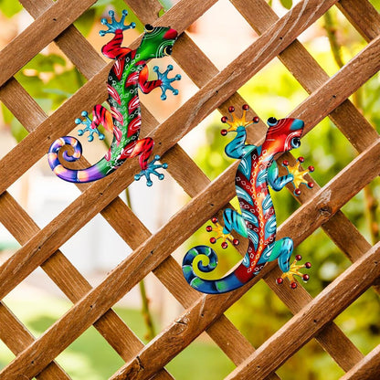 Set of 2 Large Metal Gecko Wall Decor, Outdoor Lizard Wall Art Upgrade Handmade Hanging Sculpture Decoration for Indoor Outdoor Home Garden Yard Fence Patio (2PC Large Gecko)