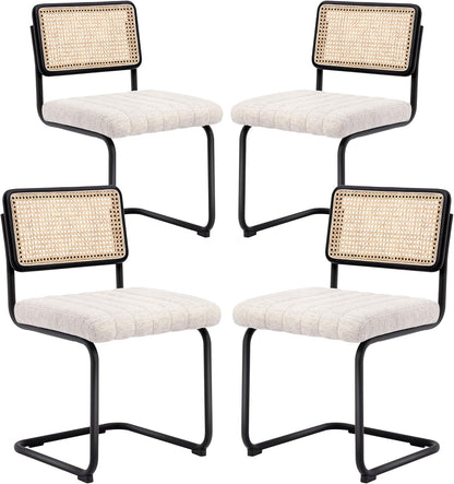 Natural Rattan Dining Chairs Set of 4, Modern Kitchen Chairs with Solid Wood Back, Upholstered Cesca Side Chairs with Comfy Linen Cushion