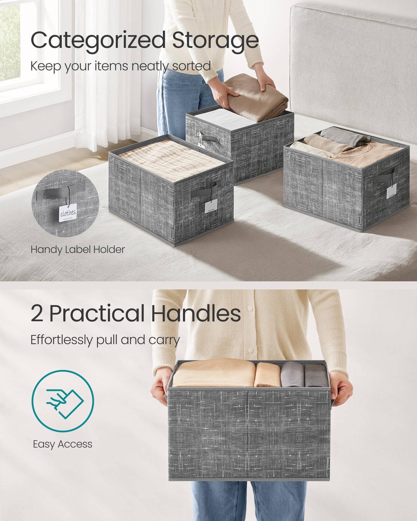 SONGMICS Storage Baskets, Set of 3, Foldable Closet Organizer for Shelves