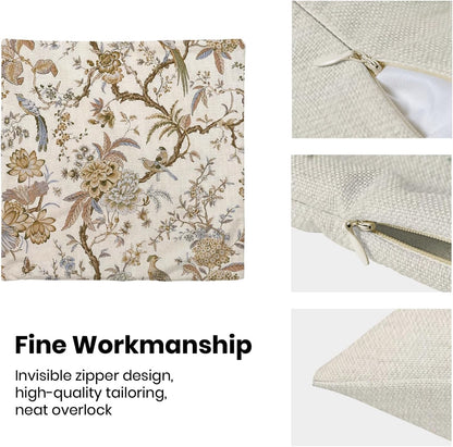 CXMEIFLY Spring Floral Birds Pillow Covers 18 x 18 Inch Set of 2 for Chinoiserie Flowers Decor Throw Pillows Brown and White Plant Outdoor Decorative Cushion Cases for Couch Bed Decorations