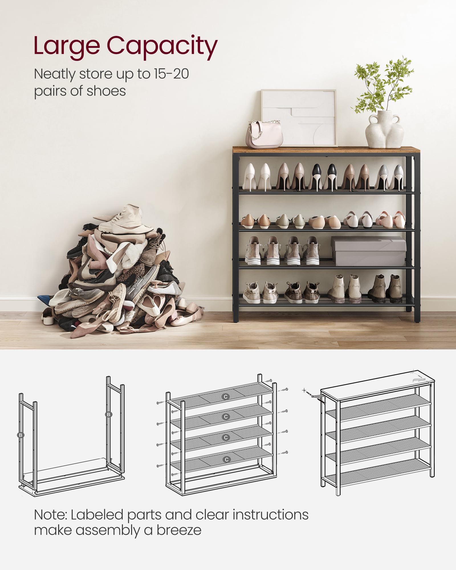 VASAGLE Shoe Rack, 5-Tier Shoe Storage Organizer with 4 Metal Mesh Shelves for 16-20 Pairs and