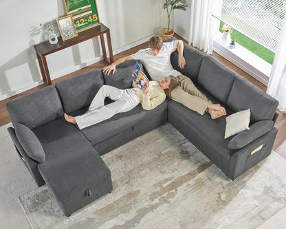 VanAcc Pull Out Sofa, 112 Inch Oversized U Shape Sleeper Sofa Couch with Storage Chaise & 3 Seater, Comfy Couch with Pull Out Bed for Living Room, Grey Linen