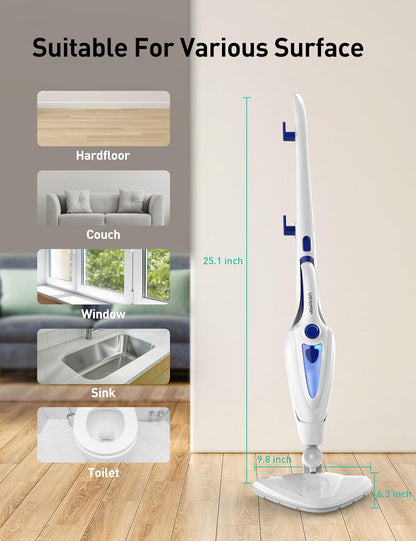 12-in-1 Steam Mop, Fast 15-Sec Heat-Up, 1500W Detachable Handheld Steam Cleaner with 2 Dirt Grip Pads, Removes 99.99% Stubborn Stains for Hardwood Floors, Clothes, Windows, Tiles, Furniture, Blue