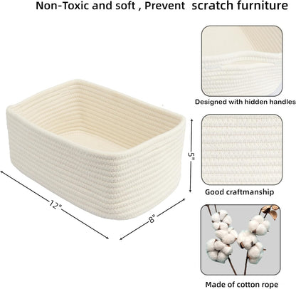 Small Woven Storage Baskets 12“X8”X5“ Decorative Rope Bins for Organizing Shelves, Closets, and Toys, Empty Gift Baskets, Cute Organizer Basket for Home and Office (white, regular)