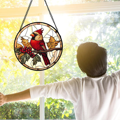 Stained Glass Window Hanging, Birds on a Branch Cardinal Sun Catchers Diamond Glass Panel Hangings Suncatcher Decor for Birthday for Women, Men, Wife, Aunt, and Mom 9.8X9.8IN