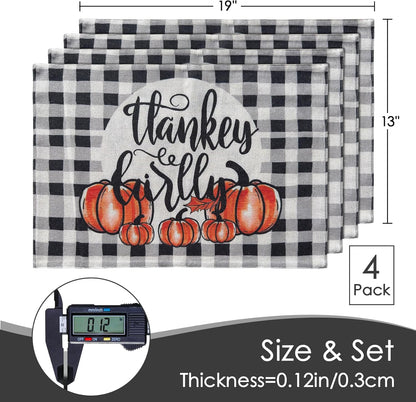 MANSPHIL Gingham Pumpkin Placemats Set of 4 for Thanksgiving Fall Theme Decor - Farmhouse Cotton Faux Linen Table Place Mats for Dining Kitchen Washable - 13x19 Inch