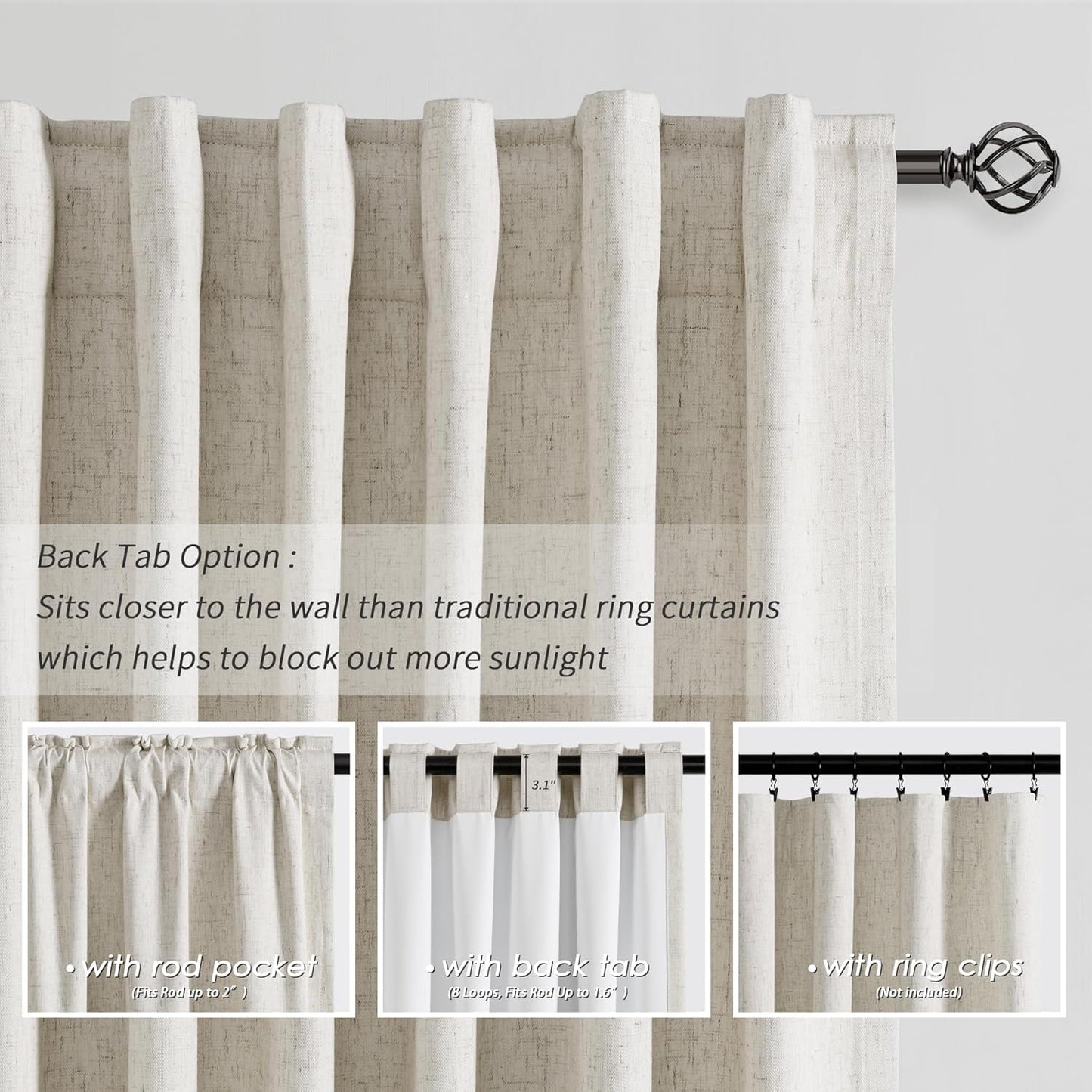 Natural Linen Blackout Curtains for Bedroom 84 Inch Length 2 Panels Set Room Darkening Curtains Cream Beige Black Out Curtain Neutral Thermal Insulated Living Room Nursery Drapes Back Tab 52x84