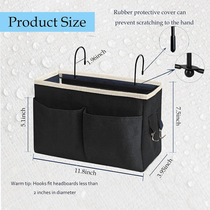 Bedside Caddy/Bedside Hanging Storage Bag Multi-Function Caddy for Bunk bed Hospital Beds Dorm Bed Rails, Holders Books Glasses Phones Magazine（2pc Black）