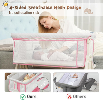 Baby Bassinet Bedside Sleeper for Baby,Bedside Bassinet with Wheels and Storage Basket, 6 Height Adjustable Bedside Crib(Upgrade Pink)