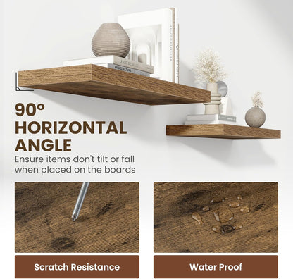 24 Inch Floating Shelves, 12 Inch Deep Floating Shelves for Wall, Floating Shelf with Invisible Brackets, Deep Shelves for Bathroom, Bedroom, Living Room, 2 Pack, Brown