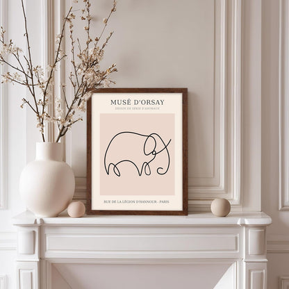 Poster Master Vintage Poster - Retro One Line Elephant Drawing Print - Elephant Art - Minimal Gift for Men, Women, Animal Lover - Abstract Wall Decor for Home, Office, 11x14 Brown Framed
