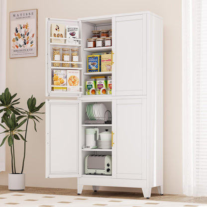 74.8" Tall Metal Food Cabinet, White Kitchen Pantry Cabinet, Storage Cabinets with 4 Door and 4 Adjustable Shelves, Steel Freestanding Cupboard for Kitchen Dining Room Living Room Bathroom