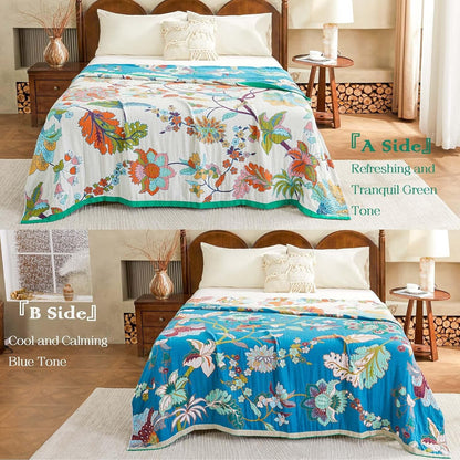 Summer Throw Blanket, 80"x90" Reversible Bohemian Flower Blanket, 100% Cotton Muslin Breathable Woven, Farmhouse Decorative Throw Blanket