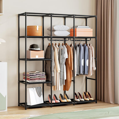 SORCEDAS Portable Wardrobe Closet Storage Organizer Metal Hanging Rack Non-Woven Fabric (Black, 51 Inch)