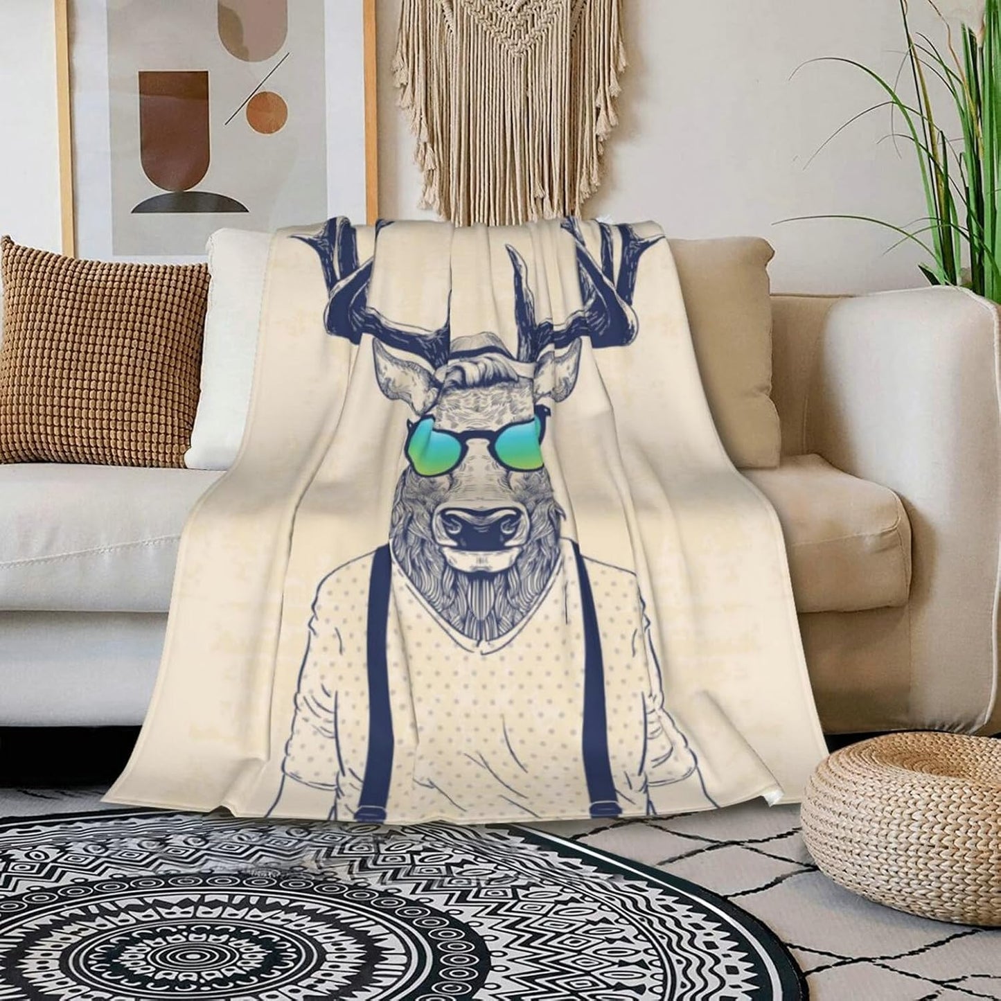 HGOD DESIGNS Deer Throw Blanket Deer Dressed up Like Cool Hipster Blanket Super Soft Flannel Throw Blanket Lightweight Plush Fuzzy Bed Blanket for Bedding Sofa and Travel 50"X60"