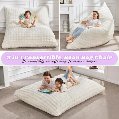 Hobestluk 3 in 1 Bean Bag Chair Giant Bean Bag Chairs for Adults with Bubble Cover Convertible Bean Bag Floor Cushion with Machine Washable Cover for Living Room (Bubble White)