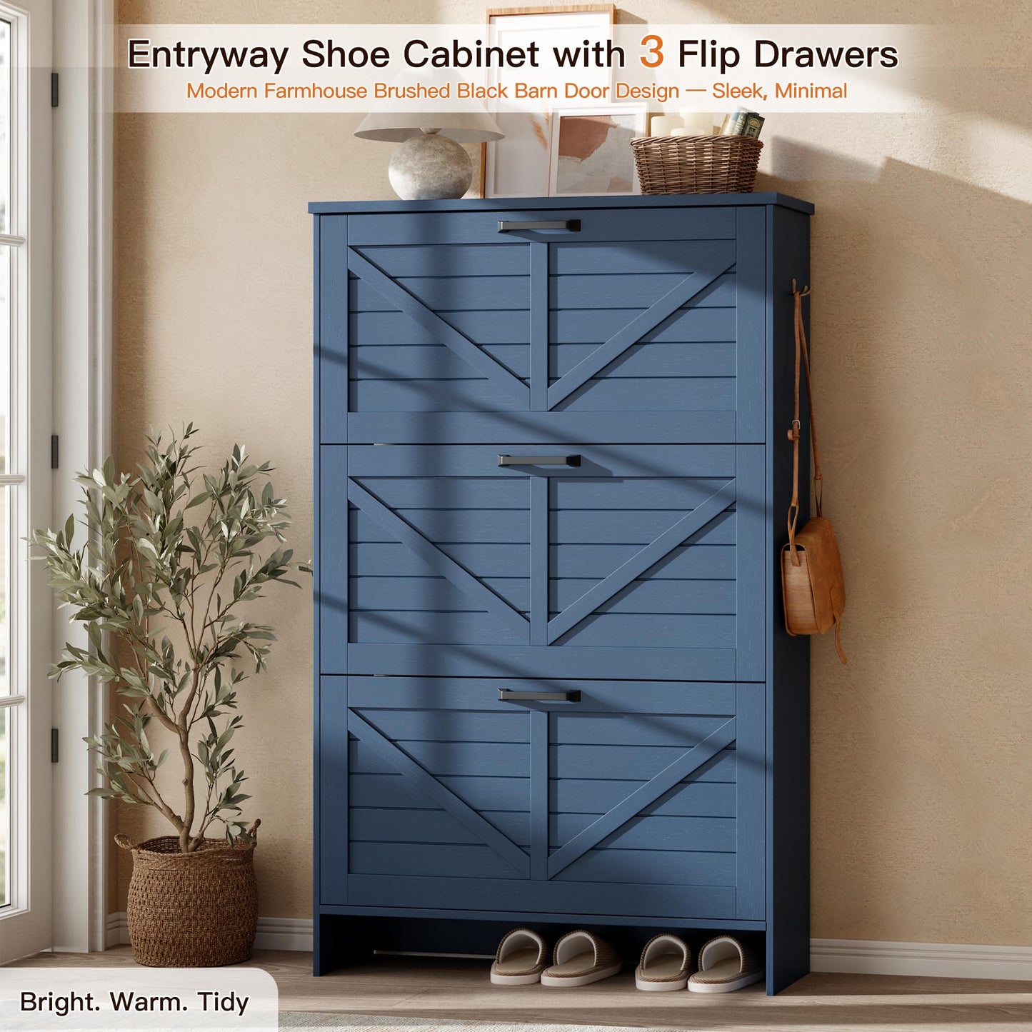 Nicetree Farmhouse Blue Shoe Cabinet – Ultra Slim 3-Drawer Flip Organizer with Shaker Barn Door