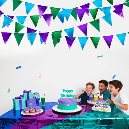 Blue Green Purple Party Decorations Metallic Fabric Triangle Pennant Banner Flag Bunting for Men Boys Video Game Theme Birthday Graduations Retirement Wedding Bachelor Baby Shower Party Supplies