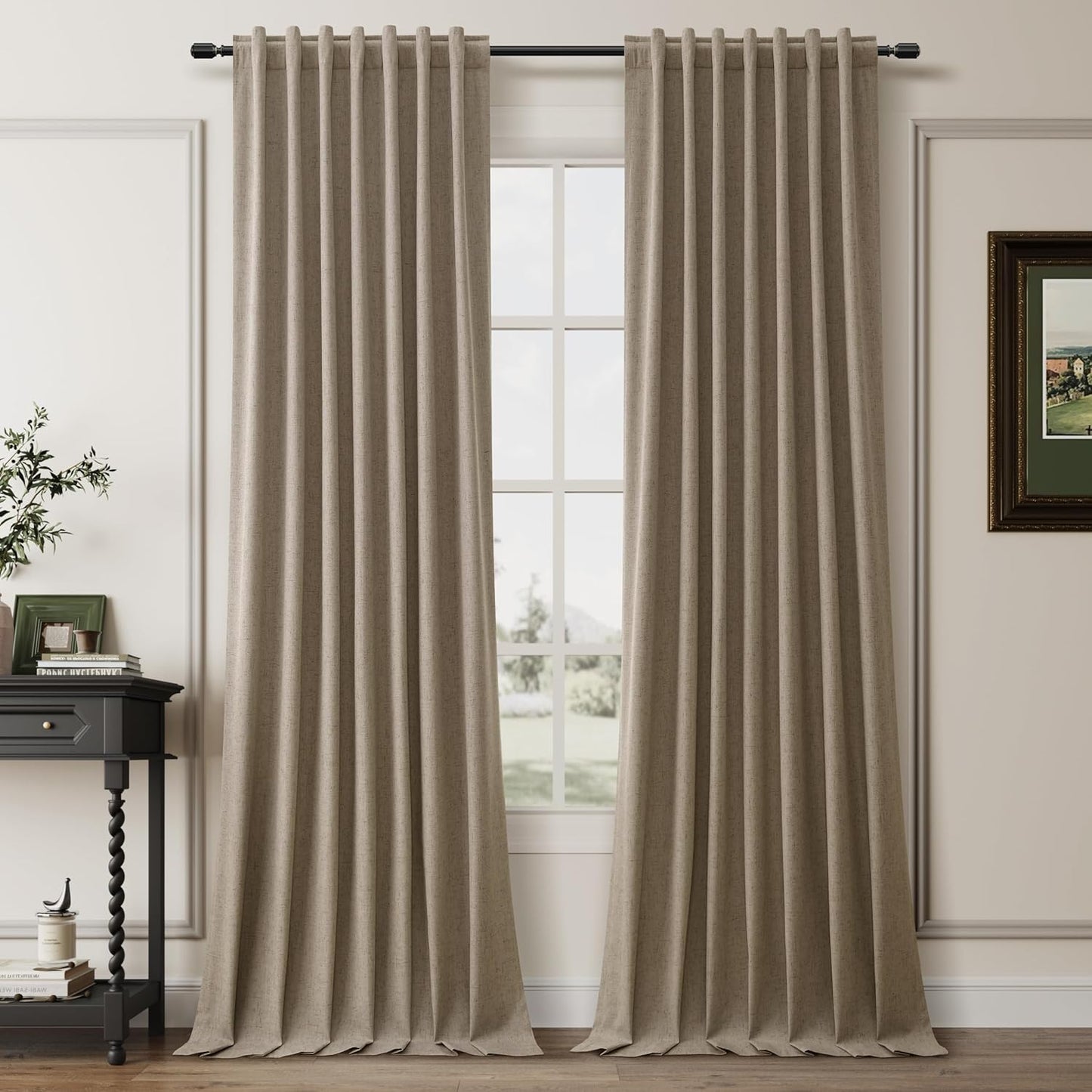 Matcha Brown Linen 100% Blackout Curtains for Bedroom 102 Inch Long 2 Panels Window Curtain Floor to Ceiling Length for Living Room Sliding Glass Door Back Tab Linen Room Darkening Drapes 52x102