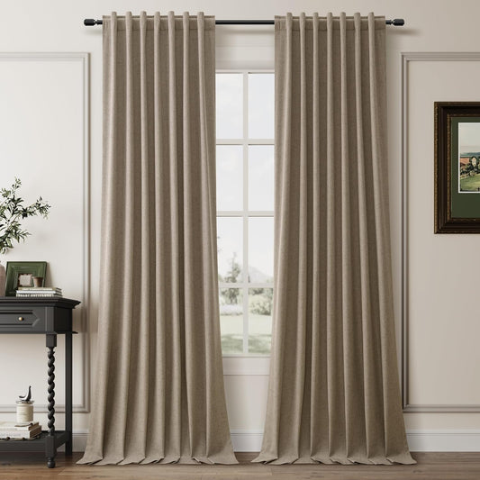 Matcha Brown Linen 100% Blackout Curtains for Bedroom 102 Inch Long 2 Panels Window Curtain Floor to Ceiling Length for Living Room Sliding Glass Door Back Tab Linen Room Darkening Drapes 52x102