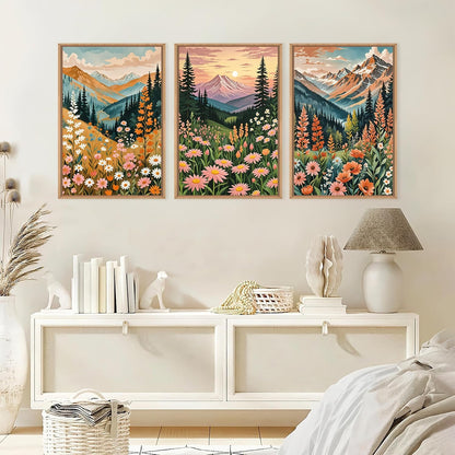 HPINUB Mountain Sunset Floral Framed Canvas Wall Art Set,Colorful Wildflower Daisy Flower Wall Decor,Boho Blossom Botanical Artwork Modern Nature Landscape Art Print for Living Room,Bedroom-16 x24 x3