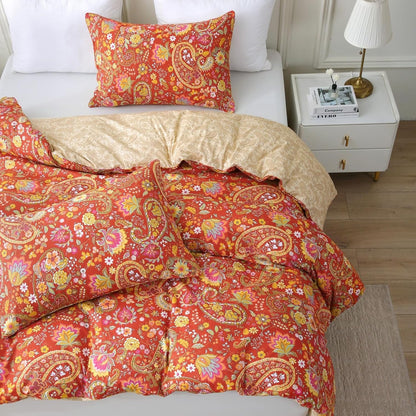 ABREEZE Paisley Bedding Sets 3Pcs Brushed Cotton Duvet Cover Set King Size Rustic Damask Red Floral Comforter Cover with Zipper Closure Boho Bedding Collections