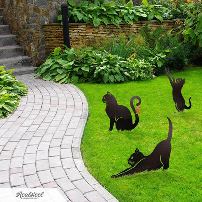 RealSteel I 3 Pack Steel Cat Garden Decor I Outdoor Yard Decorations I Gift for Cat Lovers I Lawn Ornaments and Statues I Garden Signs Decorative Outdoor - Gold
