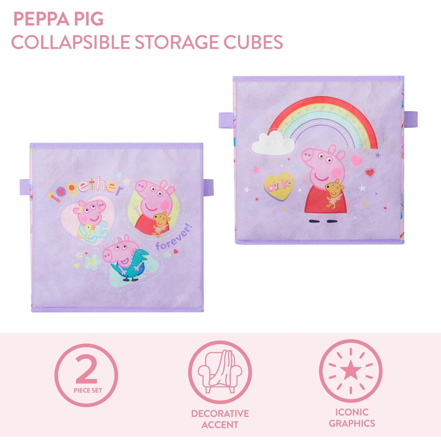 Idea Nuova Storage Cubes for Kids,2 Pack Collapsible Fabric Bins with Handles, Organizer Boxes with