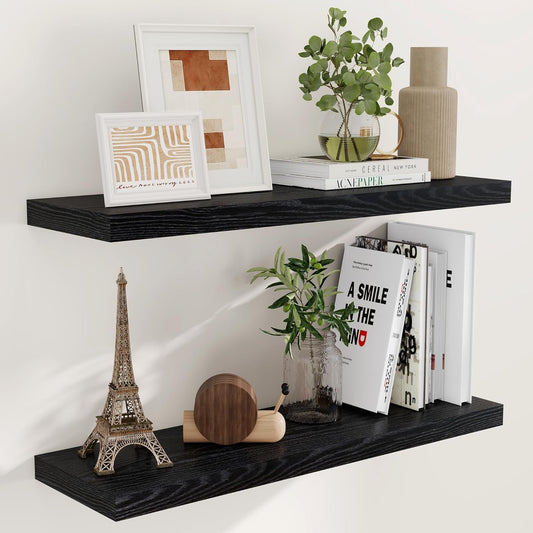 Fun Memories Black Floating Shelves 36 Inch Long, 9 Inch Deep Wall Shelves Set of 2, 36 x 9 Floating Shelf for Wall, Rustic Wood Floating Shelves for Kitchen, Living Room, Bedroom