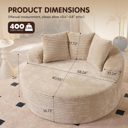 ovios 58" Oversized Round Chair Lounge Chaise Indoor, No Assembly Required, Cloud Large Circle Chair with Plush Fuax Fur, Fluffy Modern Sleeper Sofa Bed for Reading Yoga, Beige (Plush Corduroy Fabric)