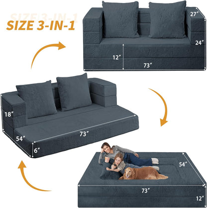 Folding Bean Bag Chair for Adults,3-in-1 Bean Bag Couch Faux Fur Floor Sofa Large Beanbag Convertible Bean Bag Sofa Bed with Pillow in Bedroom,Living Room,Apartment(Queen,Dark Grey)