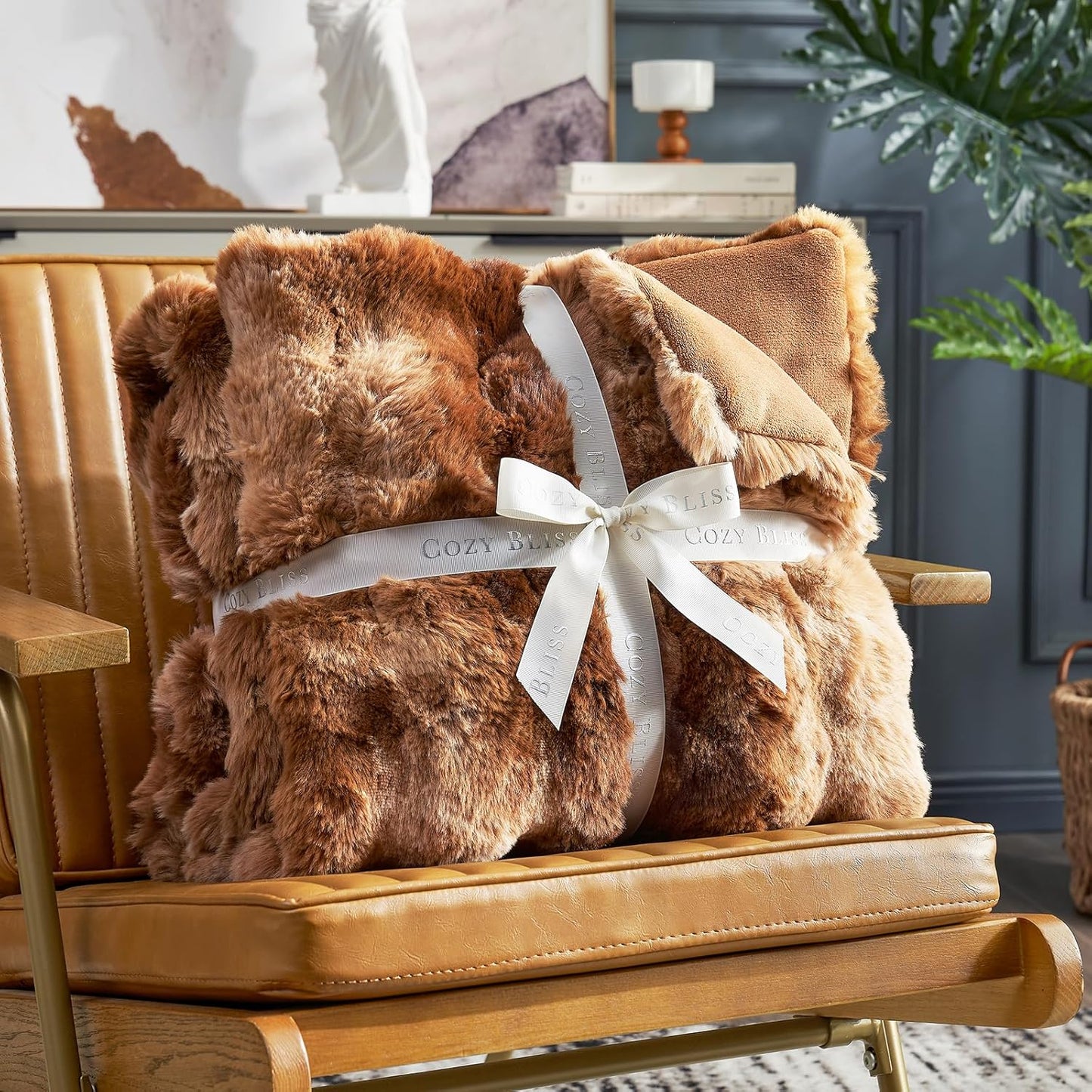 Cozy Bliss Faux Fur Throw Blanket for Couch, Fuzzy Soft Plush Thick Bubble Blanket for Sofa Bedroom Living Room, 60 * 80 Inches Tie Dye Brown