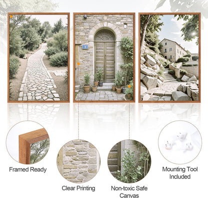 Aurlan Neutral Italy Countryside Landscape Framed Wall Art(16"x24"), 3PCS Vintage Mediterranean City Photography Gallery Canvas Artwork, Large Old Town Architecture Travel Decor Prints for Office Bedroom