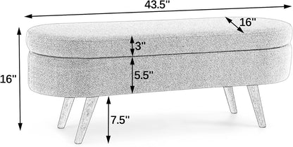 Oval Storage Bench 43.5" Linen Fabric Upholstered Entryway Bench with Solid Wood Legs Ottoman Bench Indoor Bench for Living Room/Bedroom/End of Bed/Entryway (Blue)