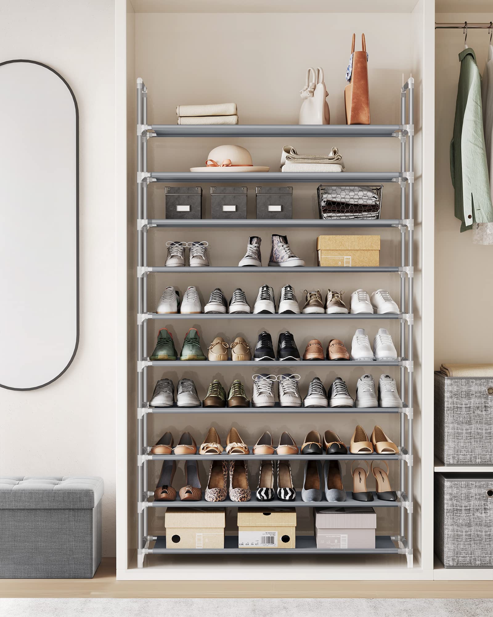 SONGMICS Shoe Rack, 10-Tier Shoe Shelf, Shoe Storage Organizer, 11 x 37 x 68.9 Inches, Metal Frame