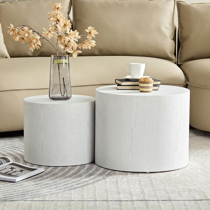 WILLIAMSPACE 18.9" White Nesting Coffee Table Set of 2, Modern Black Round Coffee Tables Circle Side Table for Small Space, Accent End Table Set, No Assembling, White Wood Grain