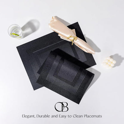 Placemat Set of 4 - Easy Clean Woven Vinyl Placemats for Dining Table, Indoor/Outdoor Place Mats, Washable PVC Table Mats（Black Cube）