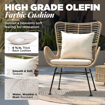 IDZO Isabelle Wicker Chairs Set of 2, 2000 Hours UV Wicker Rattan Chair, 500lbs Capacity Boho Patio Chairs with Thick Olefin Cushions and Pillows for, Indoor Use