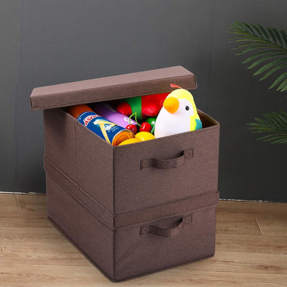 HOONEX Linen Foldable Storage Bins with Lids, 2 Pack, Storage Boxes with Carrying Handles and Sturdy Heavy Cardboard, 16.5" L x 11.8" W x 7.5" H for Shoes, Clothes, Brown