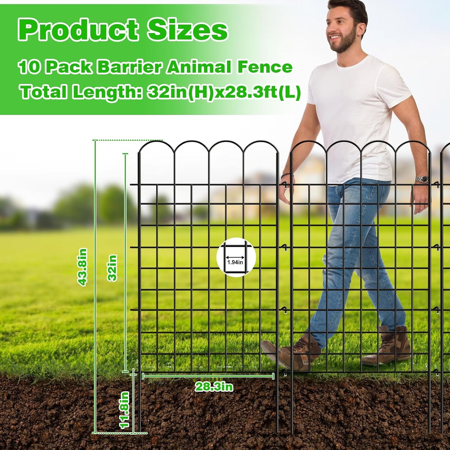 10 Panels Garden Fence Dog Fence Outdoor for Yard, 32 in(H) X 24 ft(L) No Dig Animal Barrier, Rustproof Decorative Metal Temporary Fencing Stakes for Dogs, Flower Vegetable Bed, Patio Outdoor Use