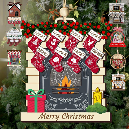 Personalized Christmas Ornaments with Names of 2/3/4/5/6/7/8 Custom Family Ornament Customized Xmas Tree Hanging Wood Decoration Gift Red Fireplace