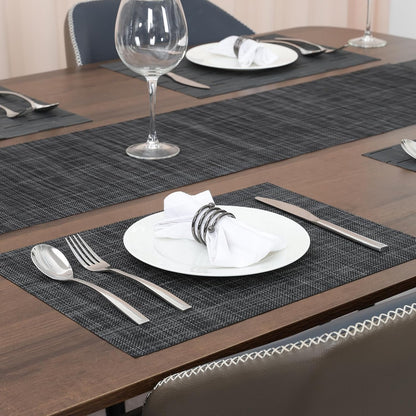 Myir JUN Placemats Set of 6, Vinyl Woven Placemats Place Mats Indoor Washable Table Mats Non-Slip Place mats for Dining Table (Dark Gray-Black, Set of 6)
