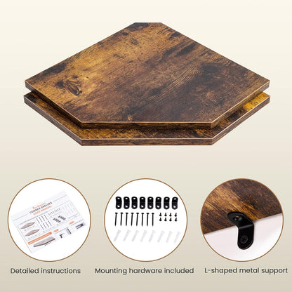 Corner Shelf Wall Mount, Floating Corner Shelves, Set of 2 Corner Wall Shelf Organizer, Rustic Wood Wall Storage Display Shelves for Living Room Bedroom Bathroom Kitchen, Rustic Brown