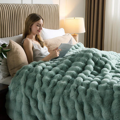 Lotus Karen Faux Fur Throw Blanket Sage Green - Big Bubble Rabbit Fluff Blanket for Couch Bed Sofa,Softest Fluffy Fuzzy Cozy Blanket, Plush Thick Furry Shaggy Warm Blankets for Women,50x60 Inches