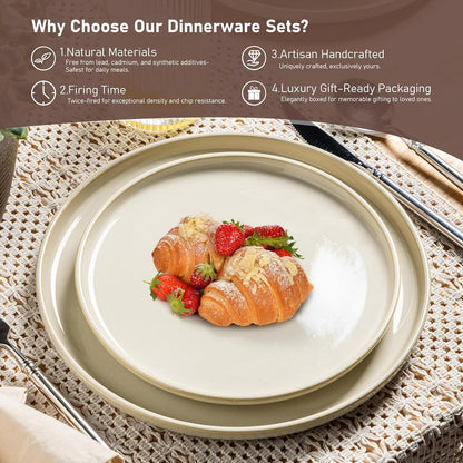 GBHOME Ceramic Dinnerware Sets for 4, 12 Pieces Stoneware Plates and Bowls Sets, Scratch Resistant Dishes, Dishwasher & Microwave Safe, Reactive Glaze-Vanilla color