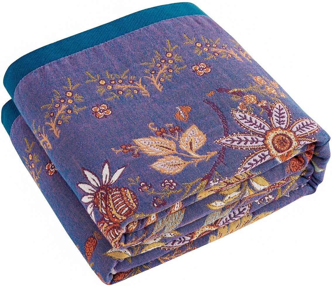 Boho Blanket, 100% Cotton Farmhouse Decorative Throw Blanket, 90"x98" Reversible Bohemian Throw Blanket, Purple All Season Muslin Breathable Woven Blankets Quilt