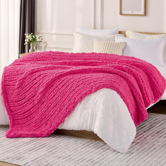 L'AGRATY Chunky Knit Blanket Throw: 50''x60'' Chenille Chunky Knitted Throw Blanket for Bed Couch - Handmade Thick Big Cable Knit Blankets - Large Crochet Rope Blanket for Home Decor(Hot Pink)