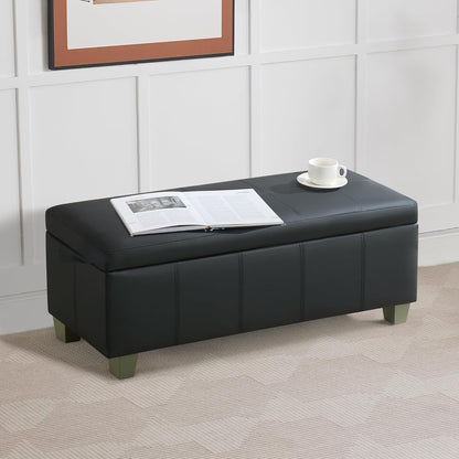 41" Faux Leather Storage Ottoman, Stitch Tufted Rectangle Upholstered End of Bed Storage Bench, Entryway Large Couch Ottoman with Wooden Legs, Dark Black